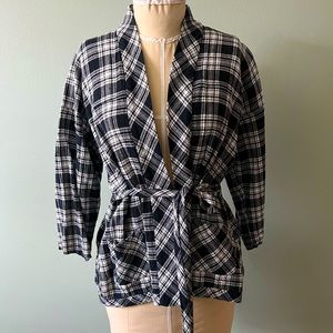 Madewell black & white plaid belted kimono style jacket gauze cotton XS S
